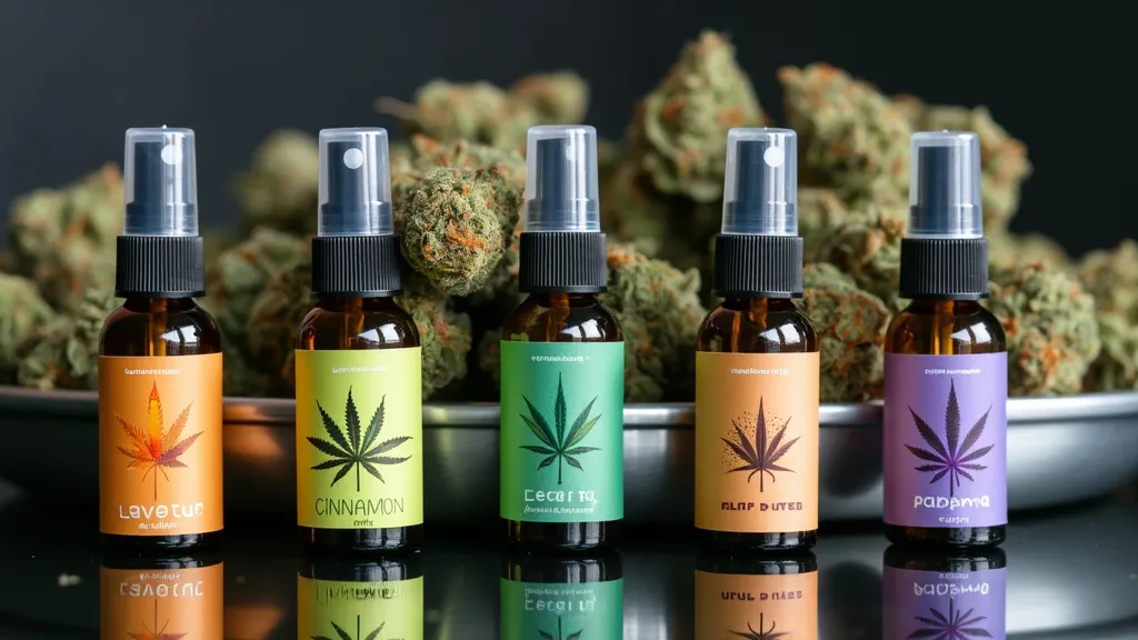 Five bottles of weed flavour spray with scents like lavender, cinnamon, and peppermint, displayed in front of cannabis buds.