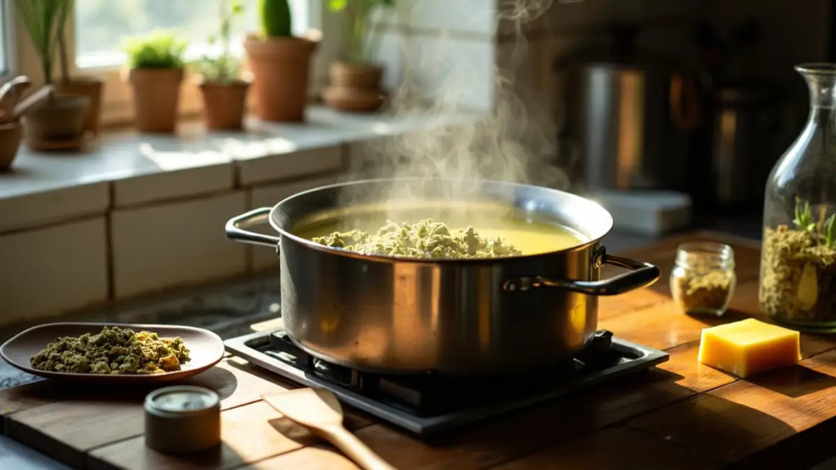 Preparing cannabutter in a pot with cannabis buds and ingredients on a kitchen counter