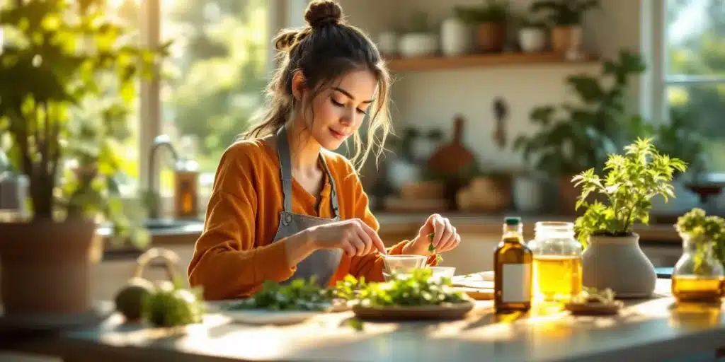 Young woman mixing herbs with caryophyllene spray terpenes on a kitchen counter surrounded by oil bottles, fresh greens, and natural light.