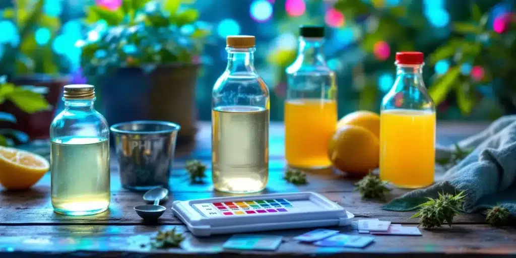 Various bottles of caryophyllene spray terpenes with pH test strips, lemons, and cannabis buds on a colorful background for accurate terpene blending.