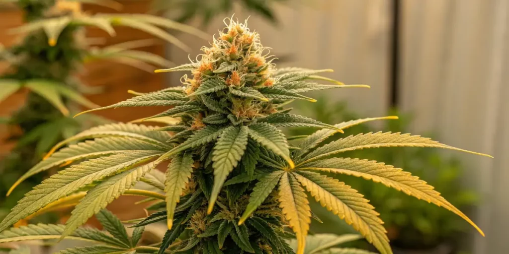 Close-up of a thriving 24K Gold cannabis bud with frosty trichomes and orange pistils.