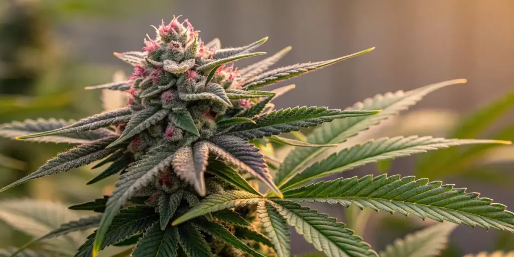 Close-up of a cannabis bud with frosty trichomes and vibrant pink pistils in an outdoor grow.