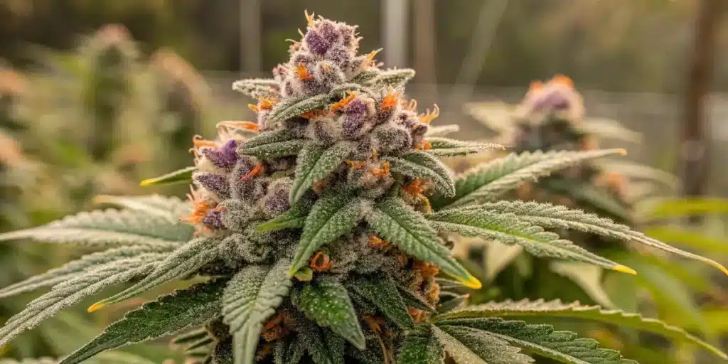 Close-up of a cannabis bud from GSC x Jack Herer hybrid, with frosty trichomes and vibrant orange pistils.