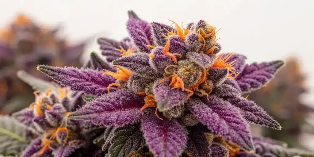 Close-up of a vibrant Gelato cannabis bud with purple hues and frosty trichomes.