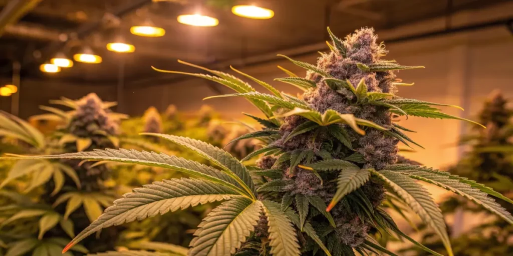 Dense Sundae Driver cannabis bud with purple tones and trichomes under warm indoor lighting.