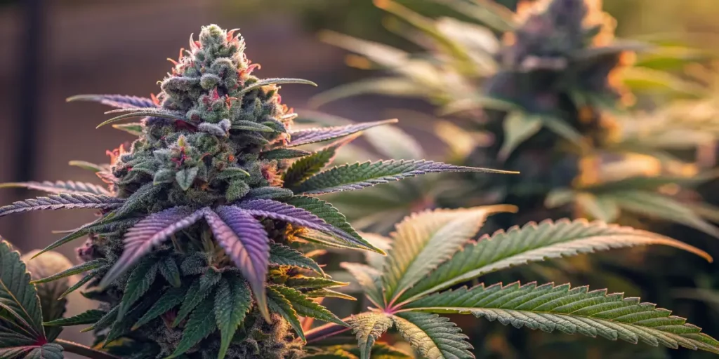 Close-up of a vibrant Zkittlez cannabis bud with purple and green hues under soft sunlight.