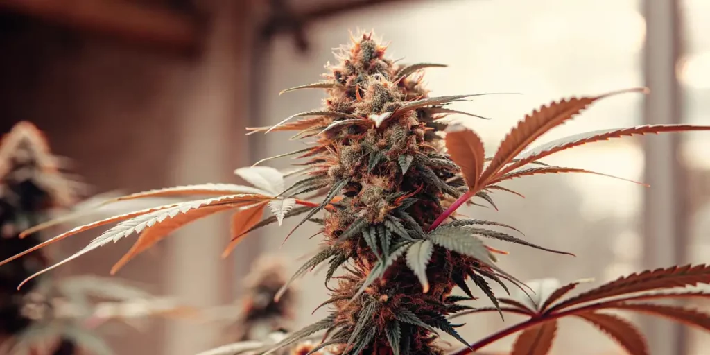 Close-up of a cannabis flower, showing dense buds with orange pistils and dark green leaves, illuminated by soft indoor lighting.