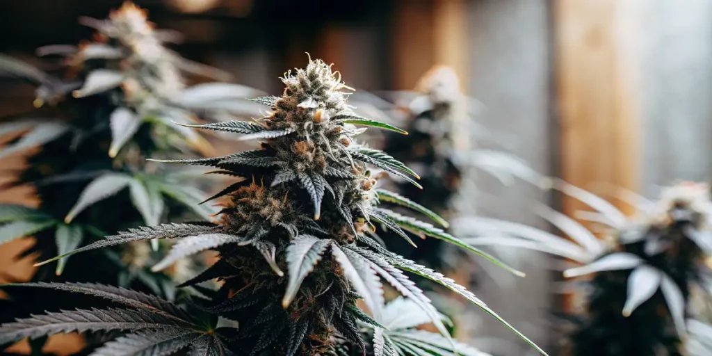 Detailed close-up of a Northern Lights cannabis flower with resin-covered buds and dark green leaves, illuminated in soft indoor lighting.