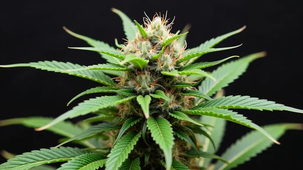 A close-up view of a flowering cannabis bud with vibrant green leaves and orange pistils against a dark background.