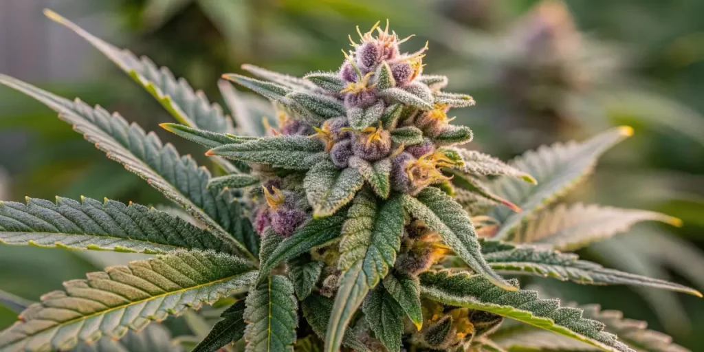 A close-up of a purple cannabis bud covered in trichomes, showing fine details of the plant's flowering stage.