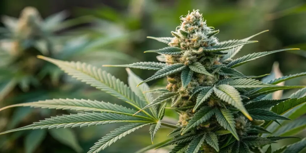 Indoor cannabis bud growing in a controlled environment with LED lights.