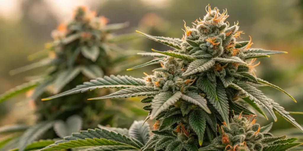 Detailed close-up of dense cannabis buds showing trichomes and orange pistils, with dark green leaves surrounding them.