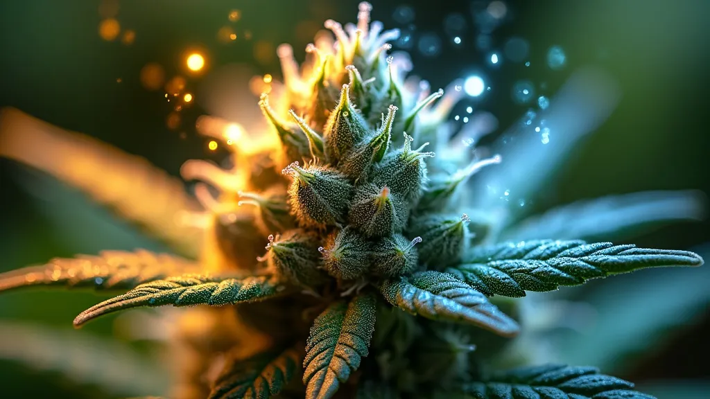 Close-up of a sparkling cannabis bud, glowing with vibrant trichomes, evoking both energy and relaxing effects of the chosen strain.