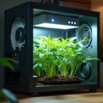 A compact grow box with cannabis plants inside, illuminated by LED lighting, perfect for small-scale indoor cultivation.