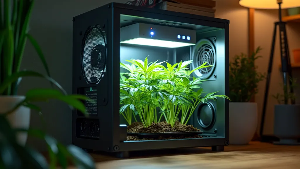 A compact grow box with cannabis plants inside, illuminated by LED lighting, perfect for small-scale indoor cultivation.