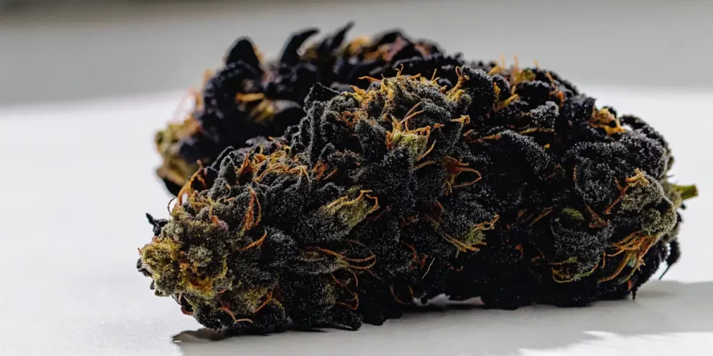 Dark cannabis buds with orange hairs and a frosty layer of trichomes on a white background.