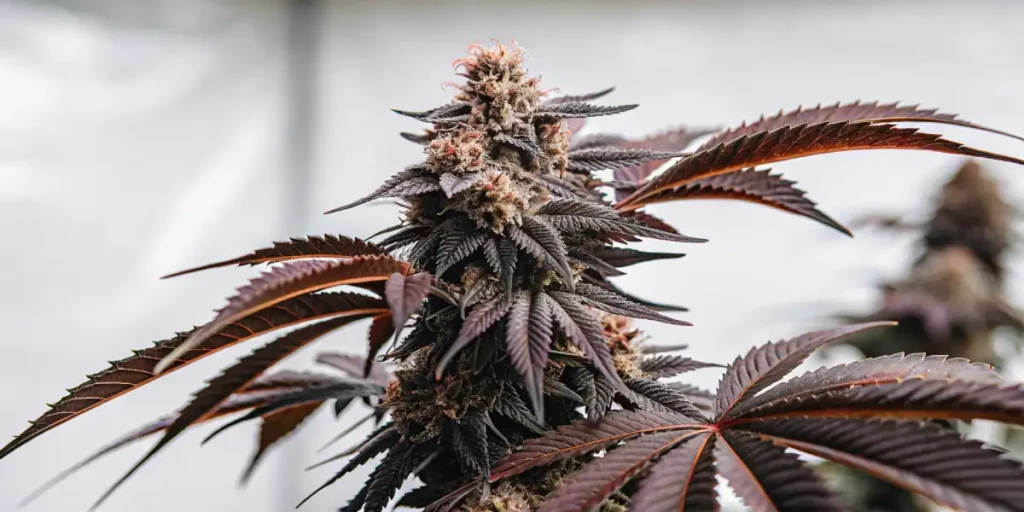 Close-up of dark purple cannabis flower with frosty trichomes and dark, spiky leaves.