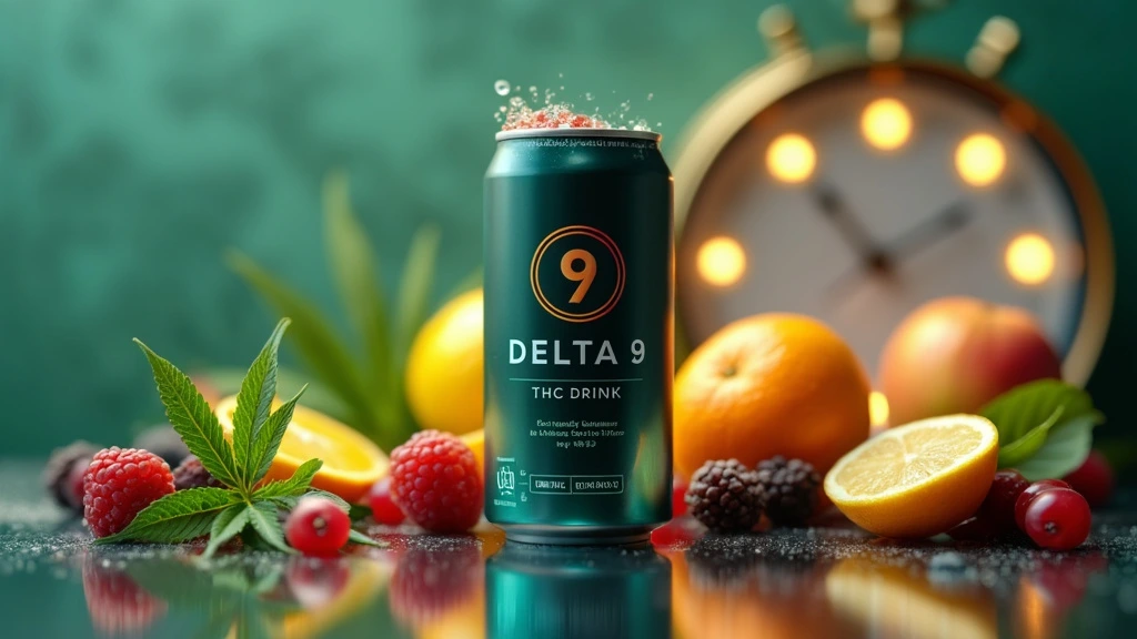 Delta 9 THC drink can with fruits like raspberries, blackberries, lemon, and cannabis leaves, set against a soft glowing clock.