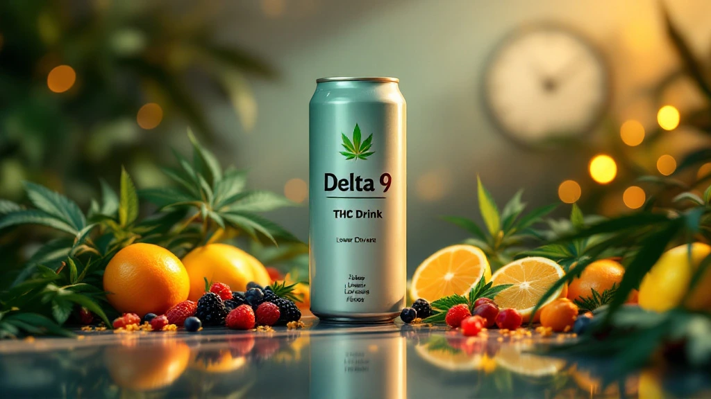A sleek can of Delta 9 THC drink surrounded by fresh cannabis leaves, oranges, berries, and lemons, with a clock in the background.