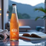 A bottle of sparkling Delta 9 THC drink on a peaceful table with a book and a towel, offering a relaxing atmosphere.