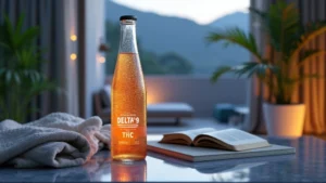 A bottle of sparkling Delta 9 THC drink on a peaceful table with a book and a towel, offering a relaxing atmosphere.