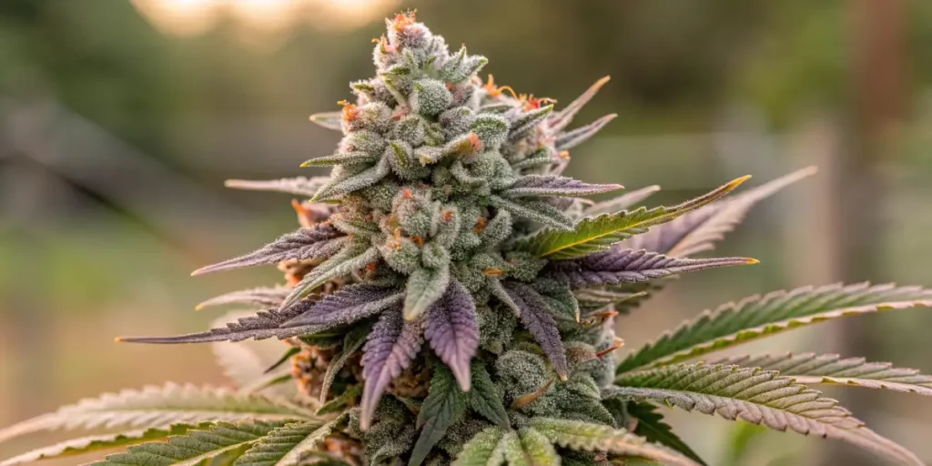 Dense cannabis bud with purple accents and frosty trichomes, surrounded by bright green leaves under the natural sunlight.