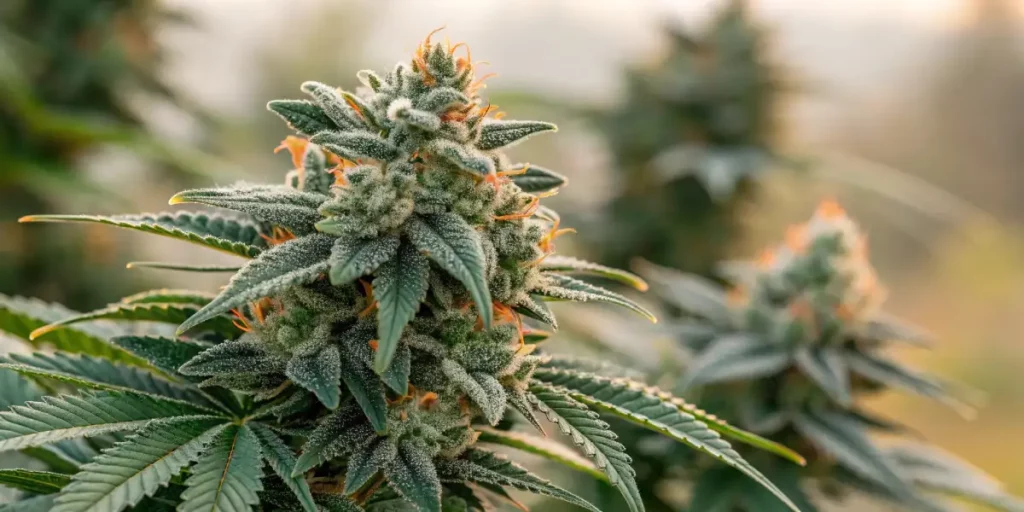 Close-up of dense cannabis buds with a thick layer of trichomes and vibrant green leaves in a garden setting.