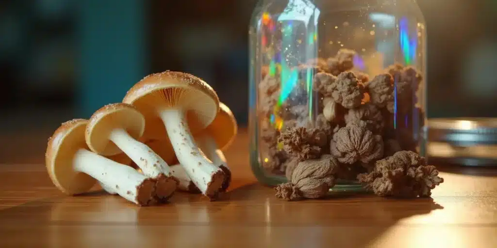 Fresh and dried magic mushrooms next to a jar, showing differences in longevity and preservation.