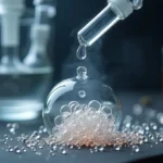 Droplet of liquid falling into glass beads from a dropper.