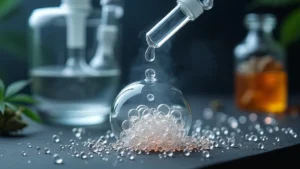 Droplet of liquid falling into glass beads from a dropper.