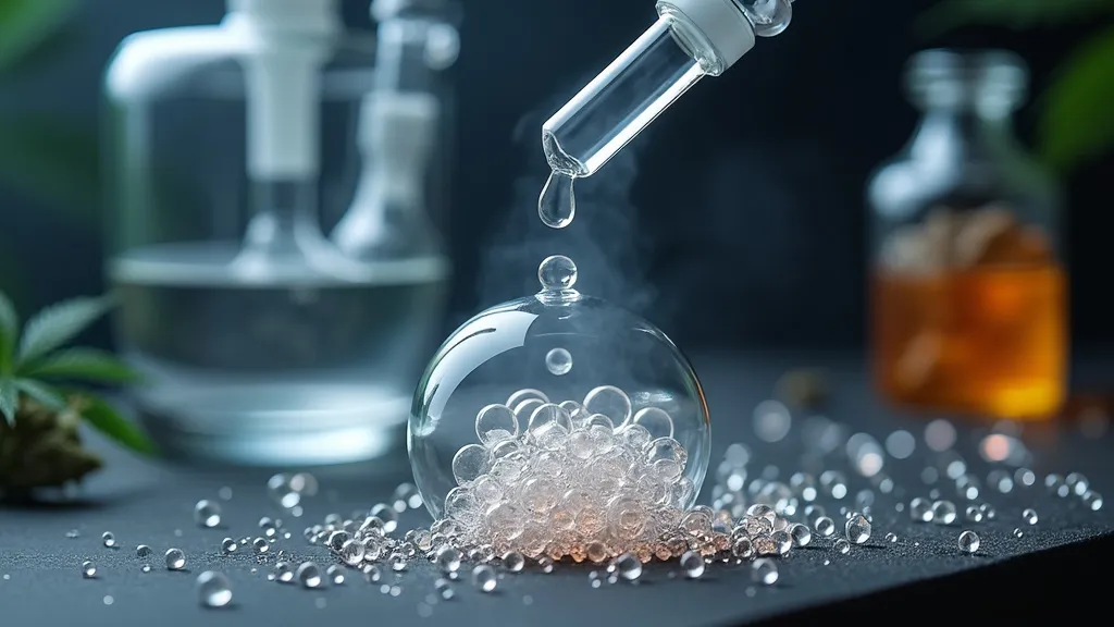 Droplet of liquid falling into glass beads from a dropper.