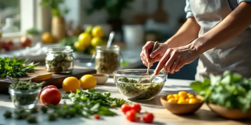 Person preparing healthy food to avoid munchies while high, focusing on nutritious choices and mindful eating strategies.