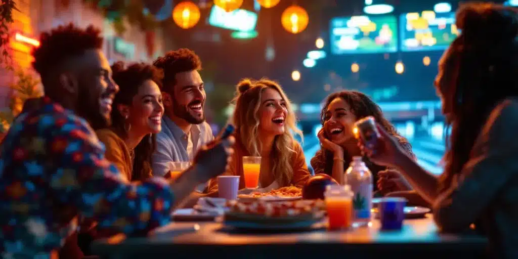 Group of friends enjoying a fun night of weed bowling with drinks and pizza at a vibrant bowling alley.