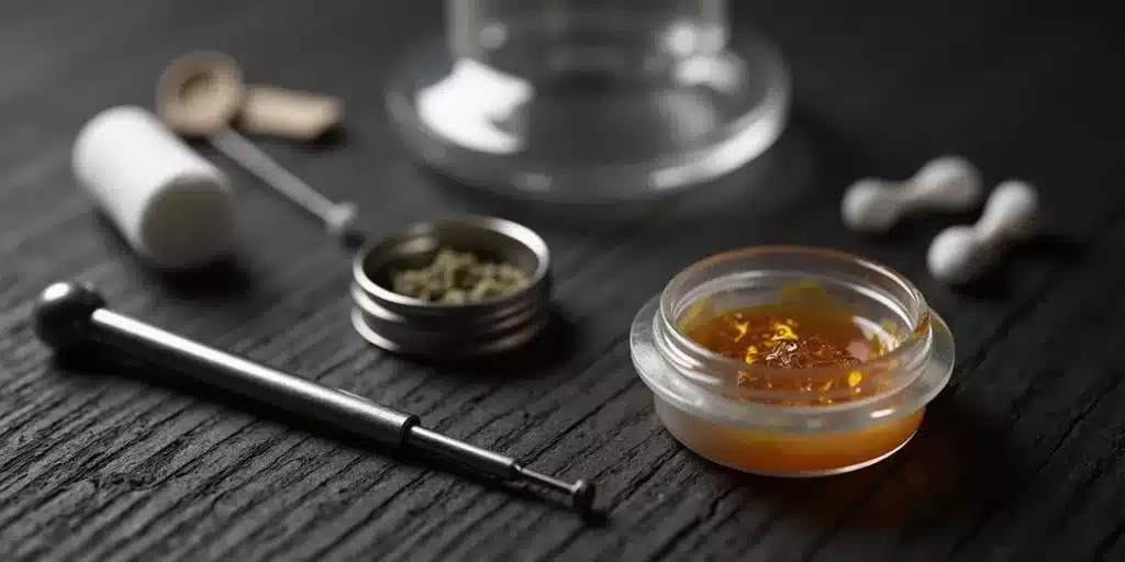 Close-up of a BHO dabber tool set with cannabis concentrate and accessories on a black wooden surface.