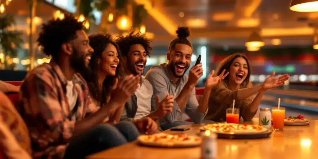 Happy friends cheering while playing weed bowling, enjoying food and cannabis-infused drinks in a lively setting.