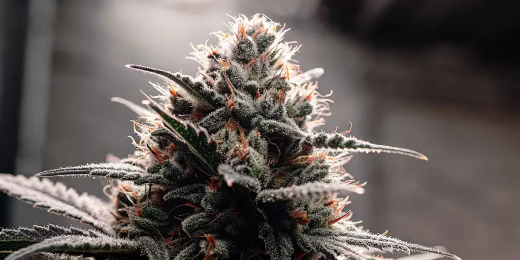 Cannabis bud covered in resin with orange pistils, captured in a softly lit setting.