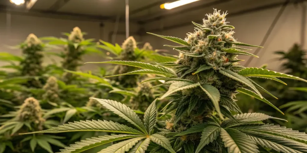 Indoor cannabis plant of Gelato strain with dense buds and bright green leaves.