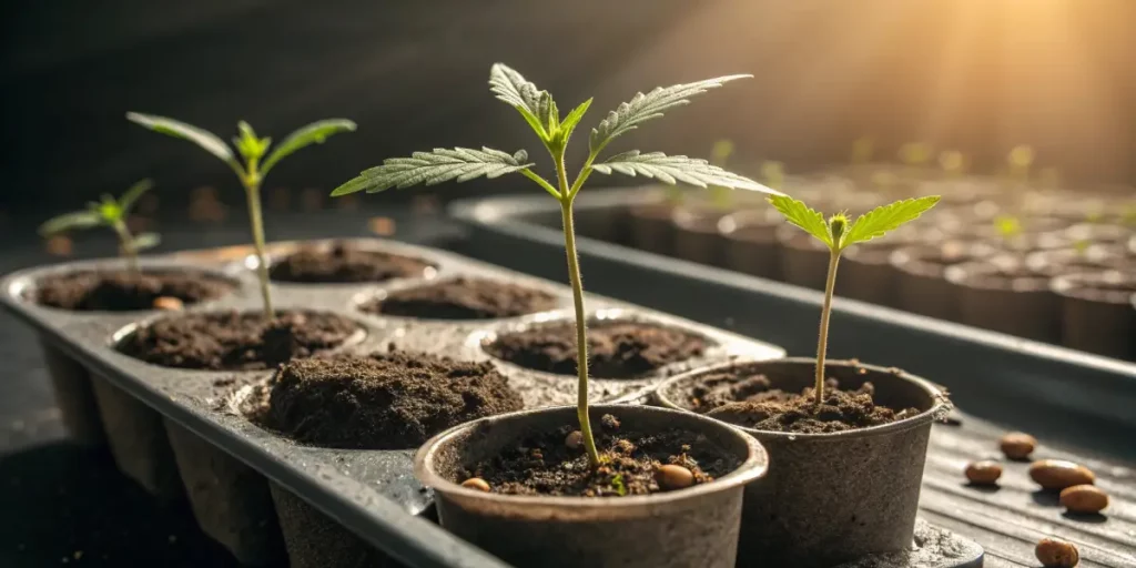 Young cannabis seedlings growing in small pots under soft light, with a few seedlings emerging.