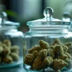 Glass jars filled with fresh cannabis buds, neatly arranged on a countertop, ideal for preserving the quality of the buds.