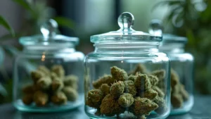 Glass jars filled with fresh cannabis buds, neatly arranged on a countertop, ideal for preserving the quality of the buds.