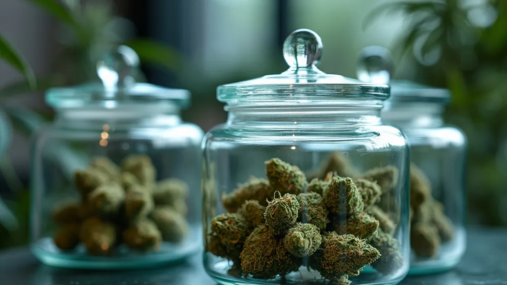 Glass jars filled with fresh cannabis buds, neatly arranged on a countertop, ideal for preserving the quality of the buds.