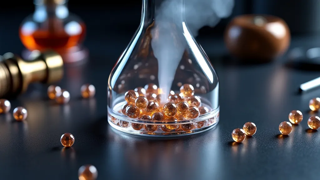 Glass jar with vapor and amber beads, similar to silicone carbide pearls.