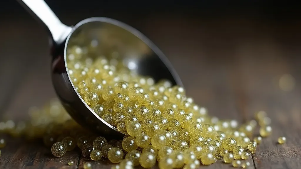 Golden cannabis concentrate beads spilling from a metal spoon, representing bubble hash equipment for extraction.
