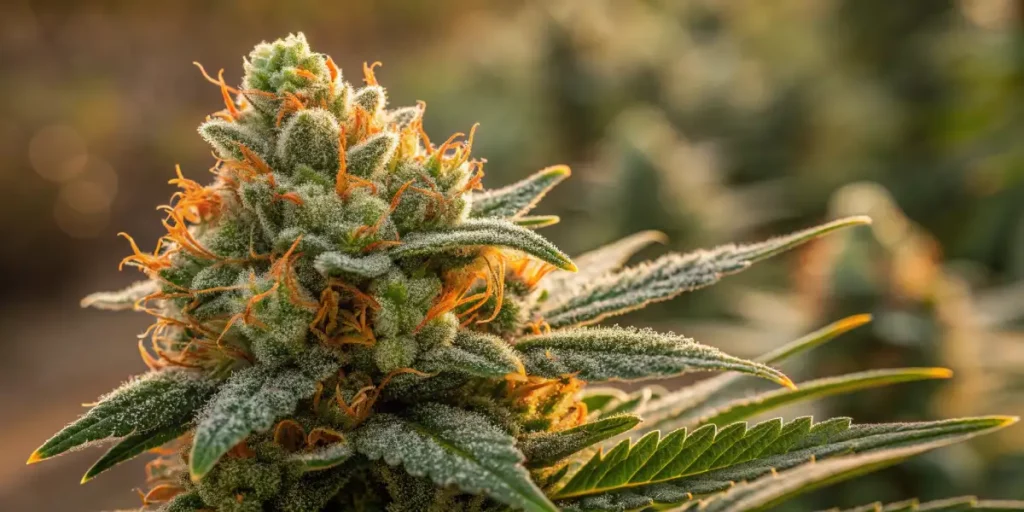 Close-up of Gorilla Sherbet cannabis buds with a frosty appearance, featuring purple and green hues.