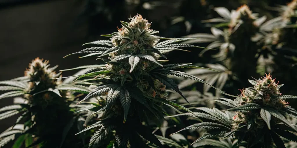 Gorilla Sherbet cannabis plant with vibrant green leaves and dense buds, bathed in natural sunlight.