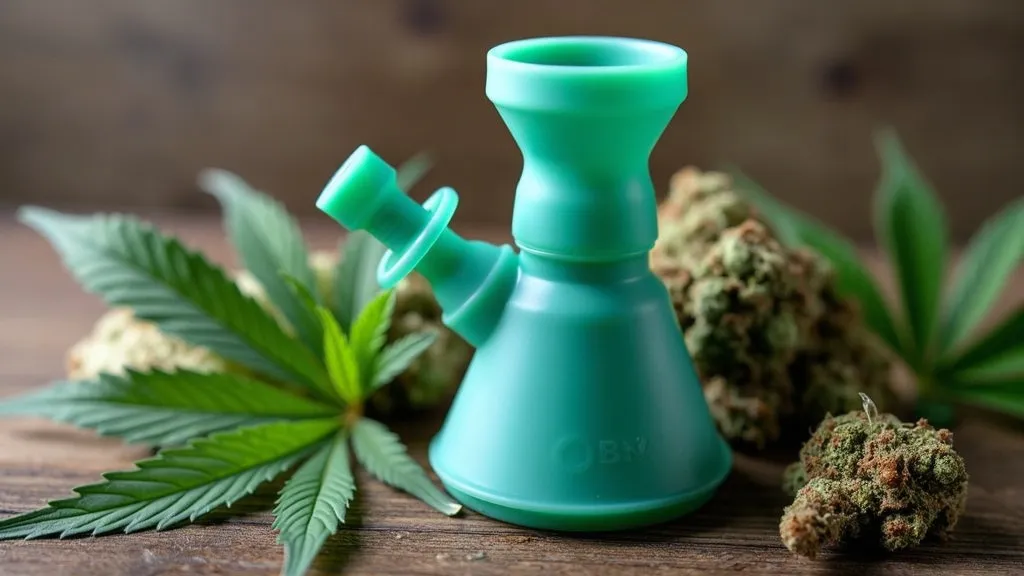 Green fold-a-bowl silicone bong surrounded by cannabis buds and leaves on a wooden surface.