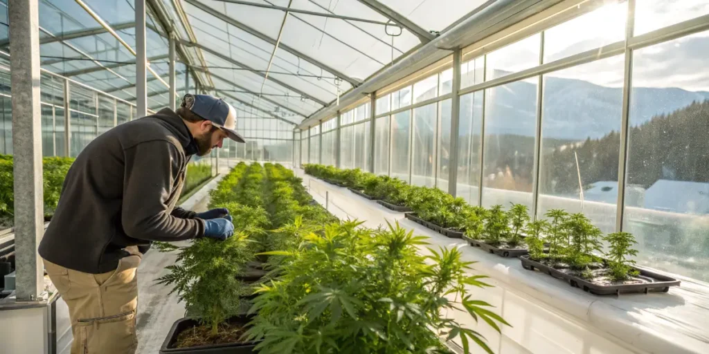 Hyper-realistic scene: cannabis grower in cap and gloves tending to rows of young cannabis plants in a bright greenhouse, with snowy mountains in background.