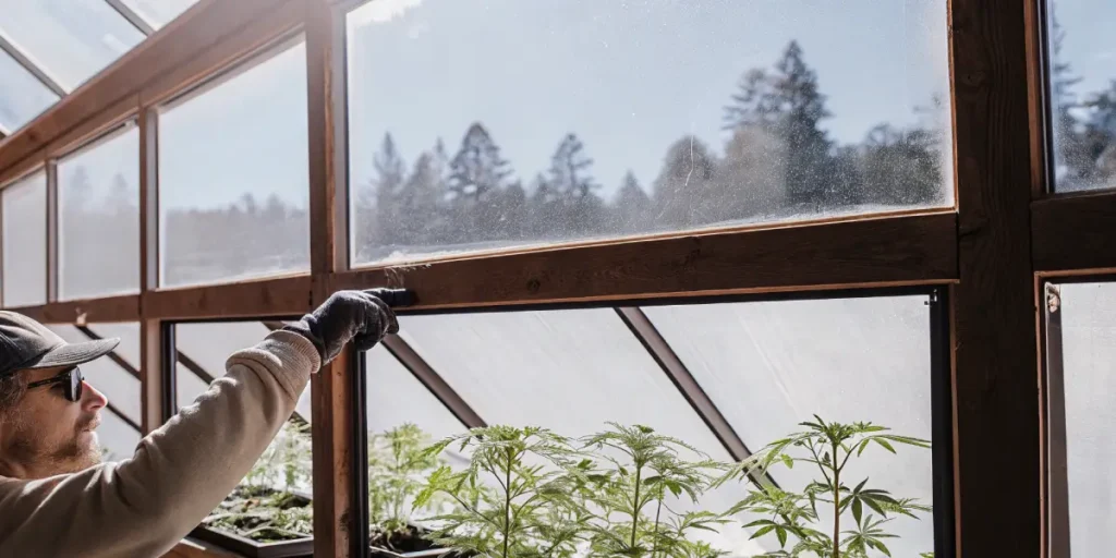Hyper-realistic scene: cannabis grower in a cap and glove reaching to adjust a greenhouse window frame, with plants below and trees outside.