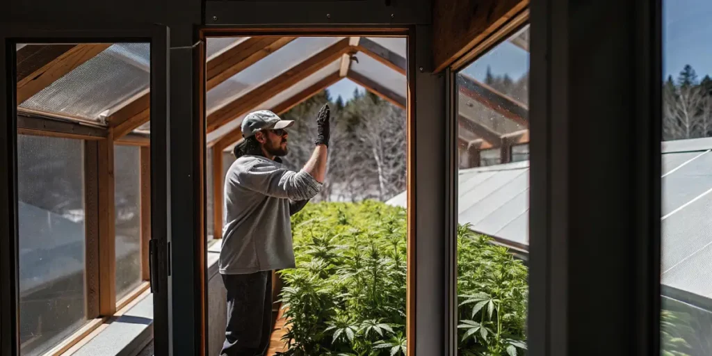 Hyper-realistic scene: cannabis grower in a cap and gloves standing in a greenhouse doorway, hands raised, overlooking rows of lush cannabis plants and a snowy landscape.