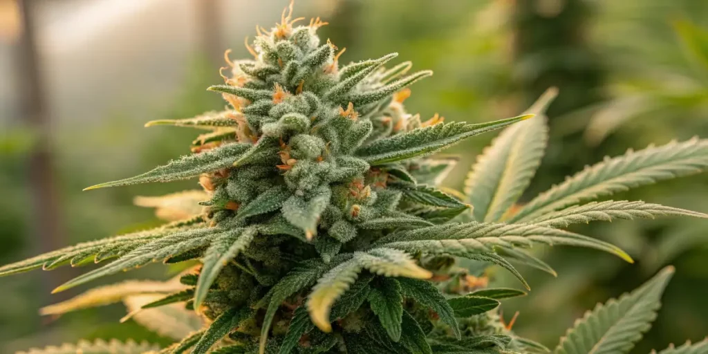 Close-up of a healthy cannabis plant with lush green leaves and dense buds under indoor grow lights.